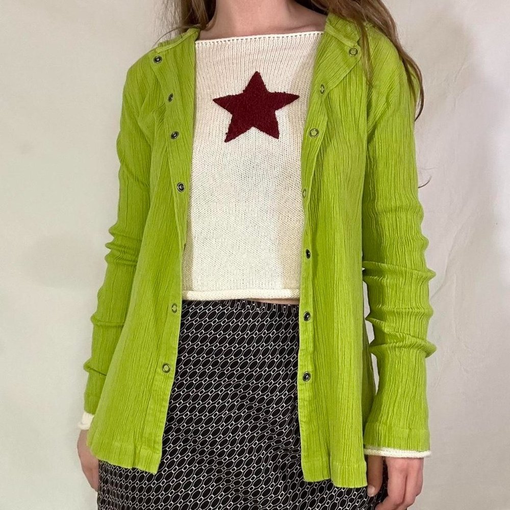 Vintage 90’s Chico’s green button up w/ snap buttons & hood